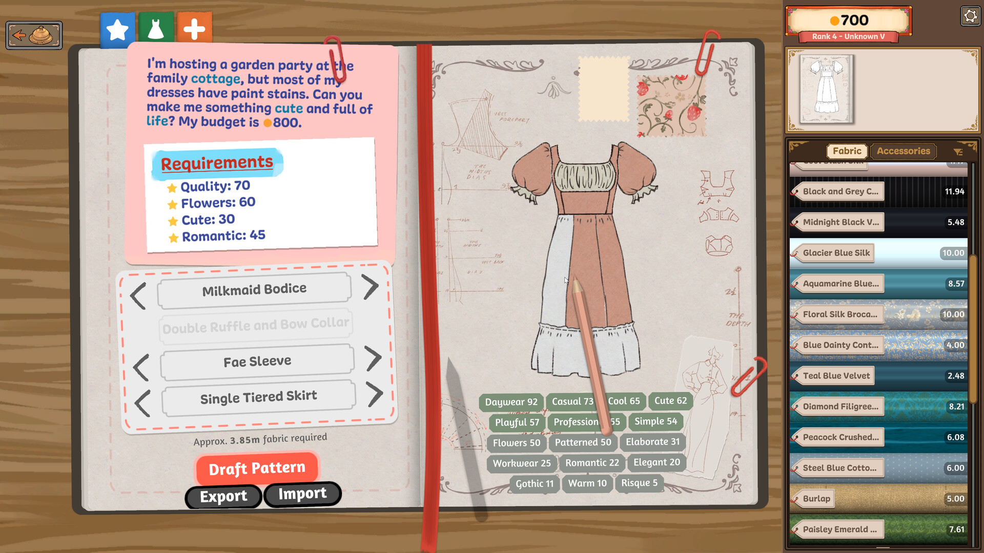 Dressmaker sketchbook with a customer brief on the left, a dress sketch in the center and fabrics on the right.