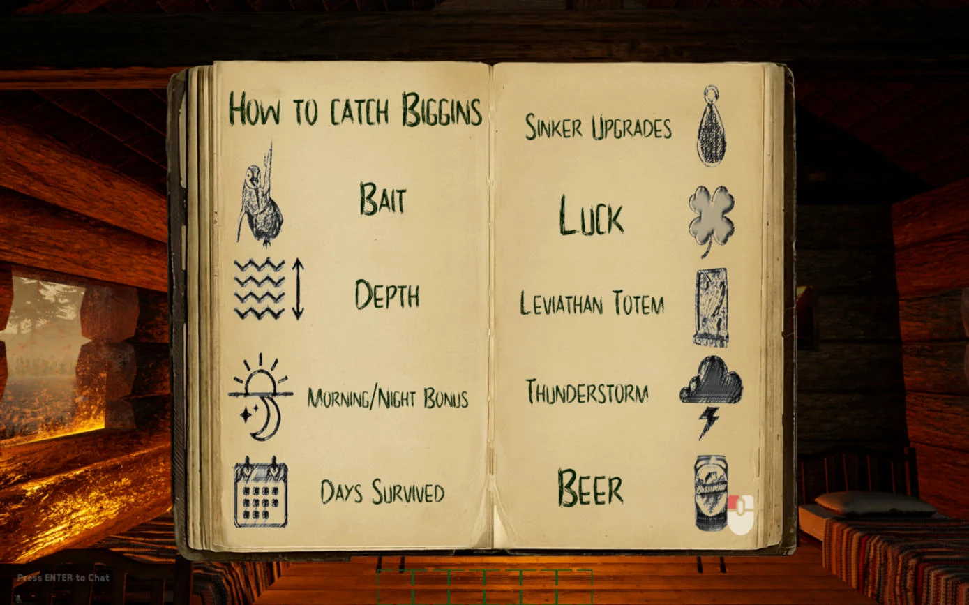 Journal spread How to catch Biggins listing Bait, Depth, Morning/Night Bonus, Days Survived, Sinker Upgrades, Luck, Leviathan Totem, Thunderstorm and Beer.