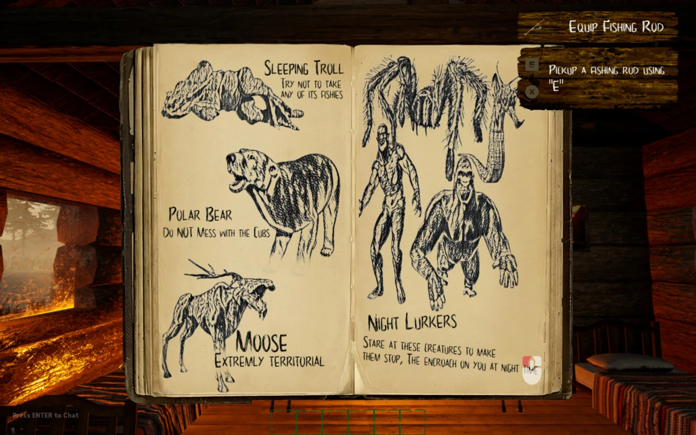 Journal page with sketches of the Sleeping Troll, Polar Bear, Moose and Night Lurkers and their warnings.