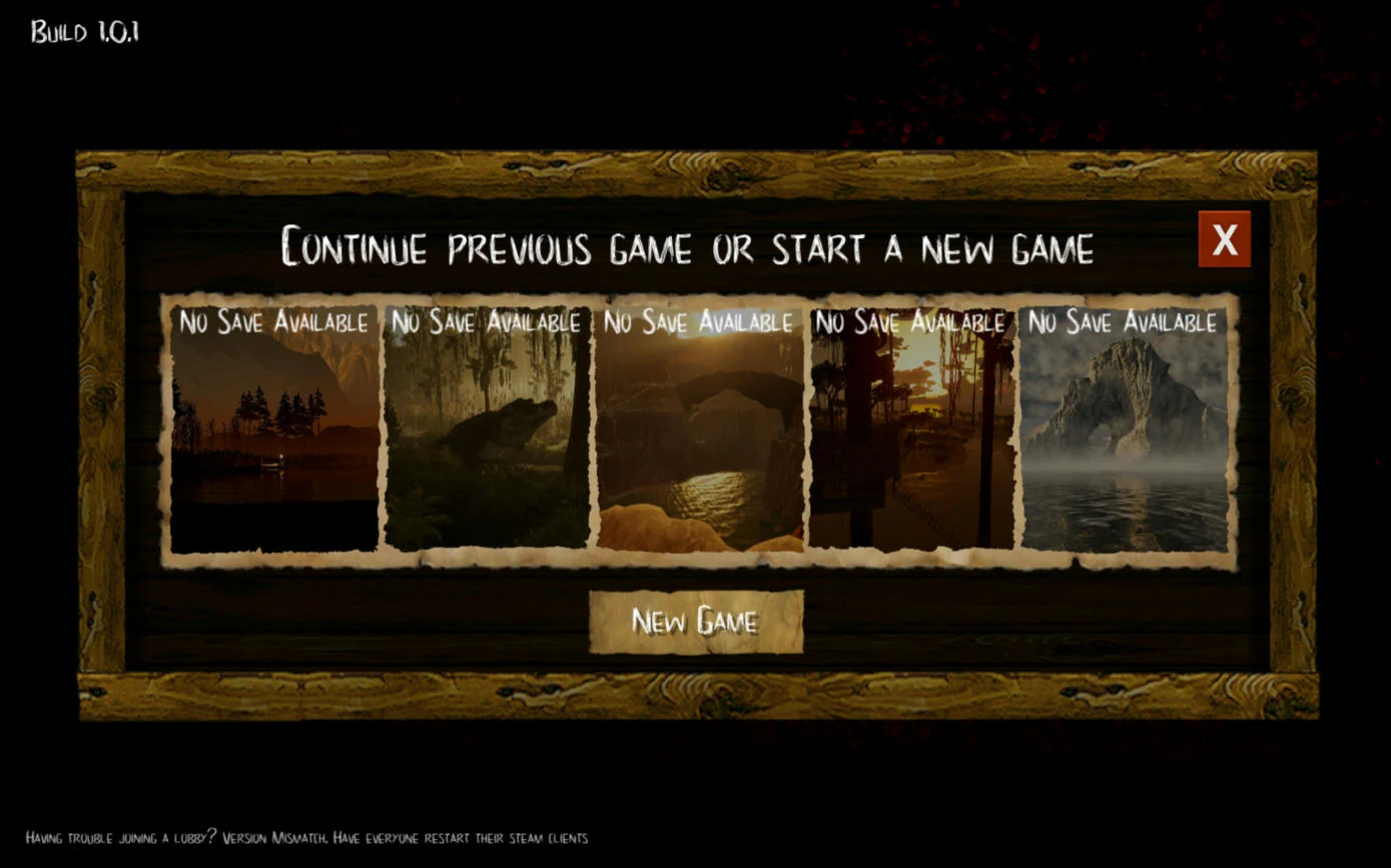 Continue previous game or start a new game screen with five map slots, all reading No Save Available, and a New Game button.