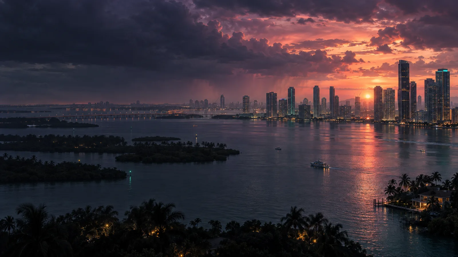 An original editorial panorama of a coastal city across a dark bay beneath a coral storm sunset.