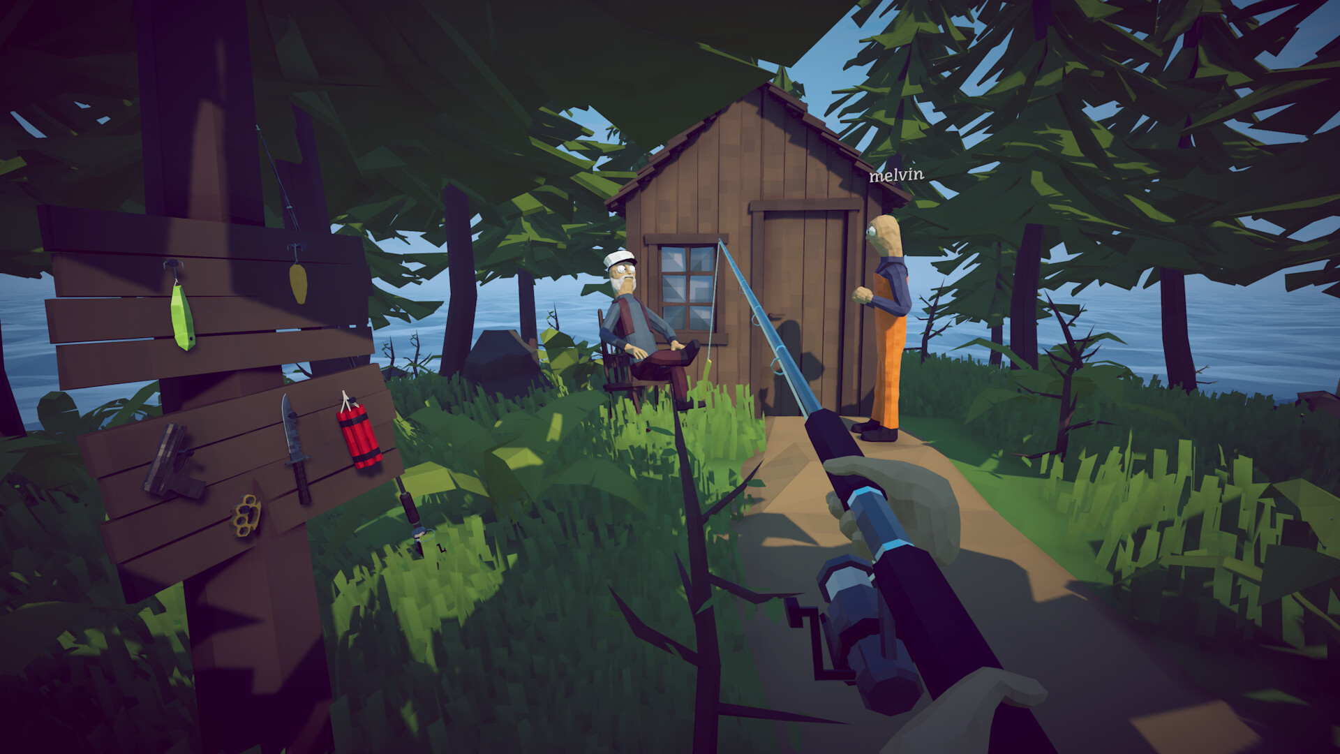 A fishing rod in the foreground and a board displaying lures, a pistol, a knife and other equipment beside a wooden hut.