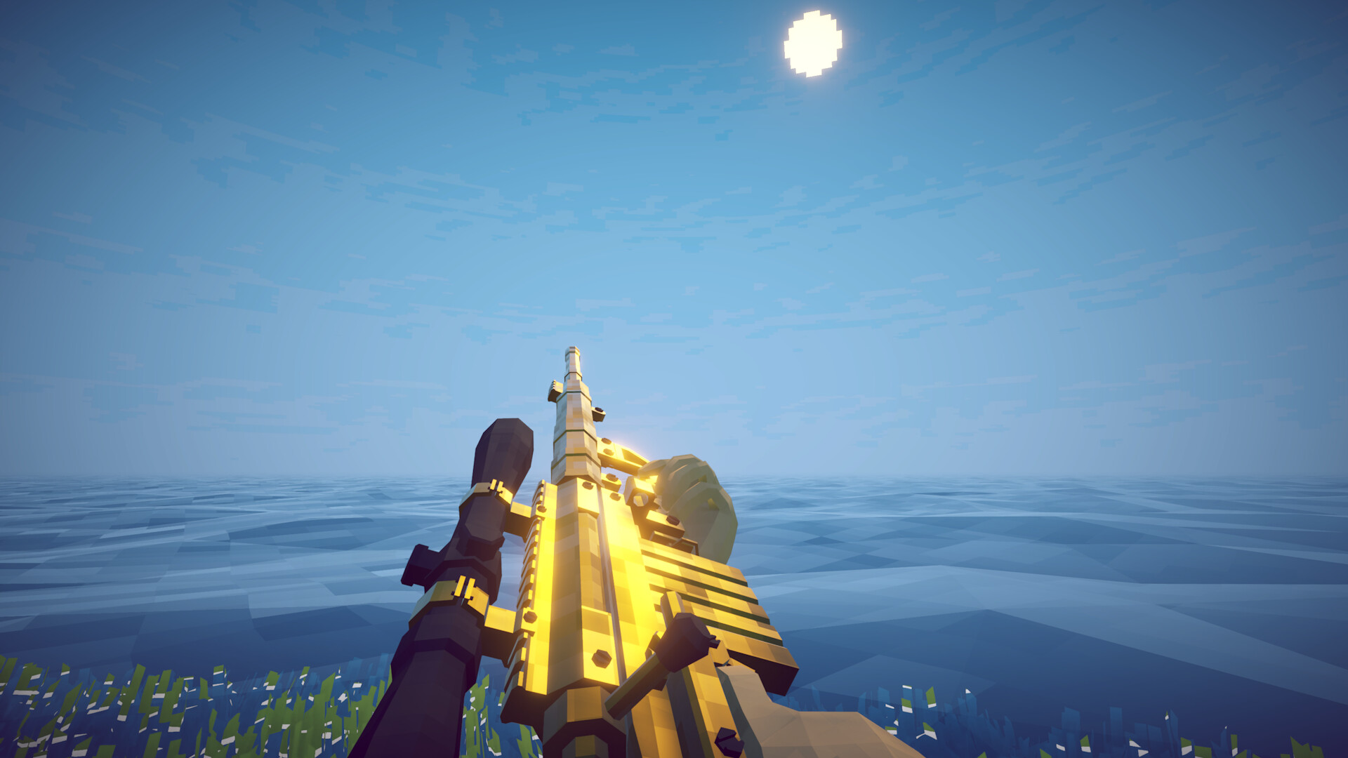 First-person view of a gold-coloured scoped rifle above the shoreline.