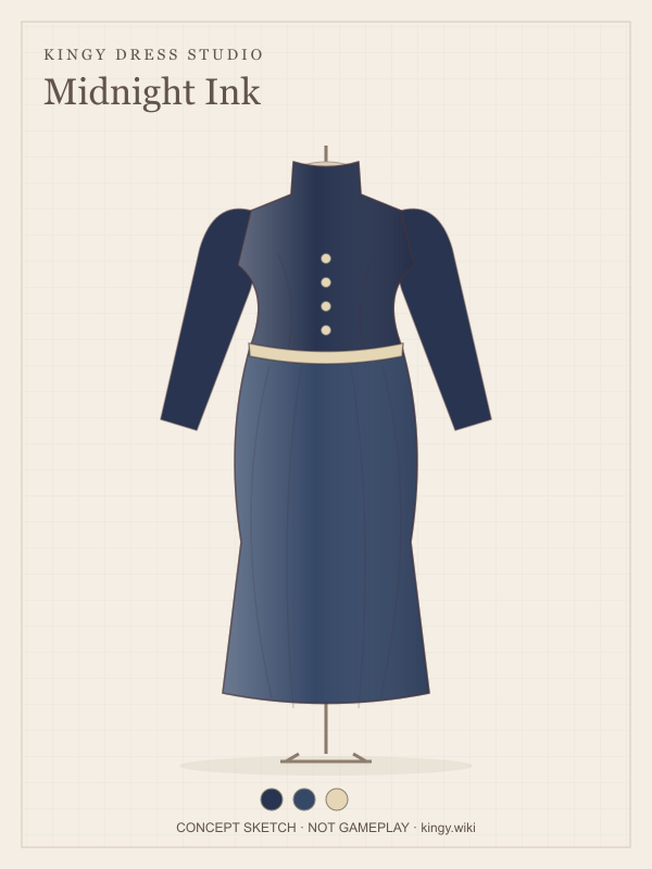 Midnight Ink: A long navy silhouette with pearl accents and a quiet row of buttons. Concept illustration.