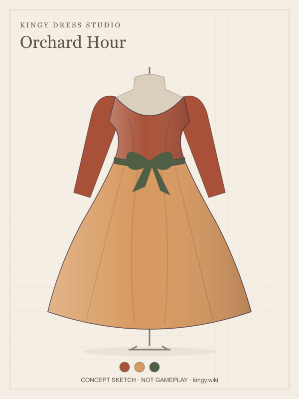 Orchard Hour: Warm terracotta and honey with a dark olive waist bow. Concept illustration.