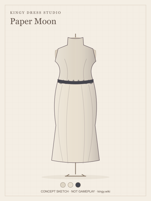 Paper Moon: An ivory column silhouette with charcoal edging and a high neckline. Concept illustration.