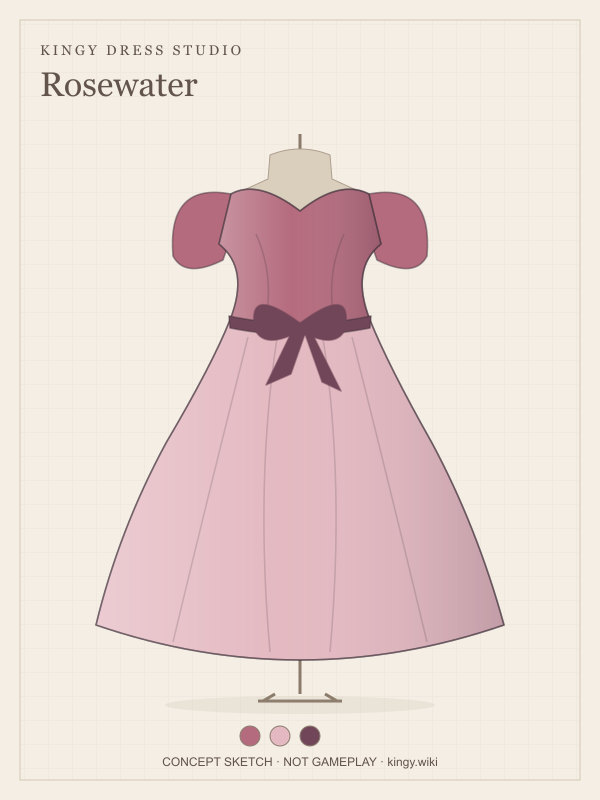 Rosewater: A dusty rose bodice, a pale full skirt and a wine-coloured bow. Concept illustration.