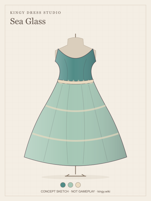 Sea Glass: Soft green layers, a scoop neckline and a pale scalloped waist. Concept illustration.