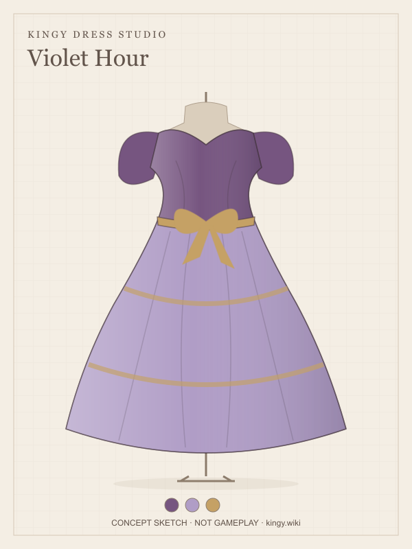 Violet Hour: Lavender tiers and puff sleeves, finished with a muted gold accent. Concept illustration.