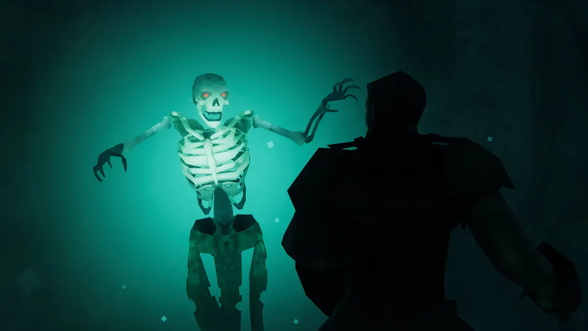 A Viking faces a skeleton at close range in a green-lit encounter.
